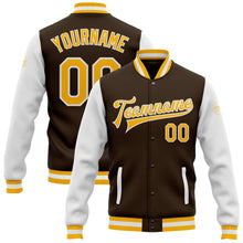 Load image into Gallery viewer, Custom Brown Gold-White Bomber Full-Snap Varsity Letterman Two Tone Jacket
