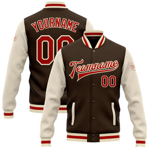 Custom Brown Red-Cream Bomber Full-Snap Varsity Letterman Two Tone Jacket