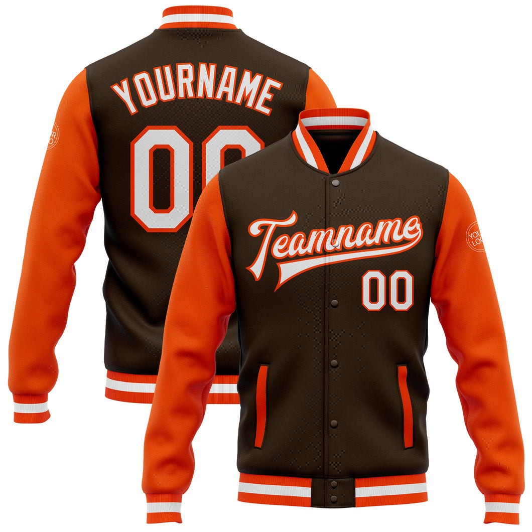 Custom Brown White-Orange Bomber Full-Snap Varsity Letterman Two Tone Jacket