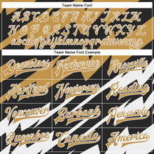 Load image into Gallery viewer, Custom Old Gold Black-White Lightning 3D Pattern Design Bomber Full-Snap Varsity Letterman Jacket
