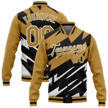 Load image into Gallery viewer, Custom Old Gold Black-White Lightning 3D Pattern Design Bomber Full-Snap Varsity Letterman Jacket
