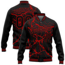 Load image into Gallery viewer, Custom Black Red Abstract Network 3D Pattern Design Bomber Full-Snap Varsity Letterman Jacket
