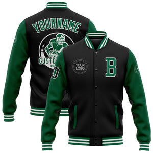 Custom Black Kelly Green-White Bomber Full-Snap Varsity Letterman Two Tone Jacket