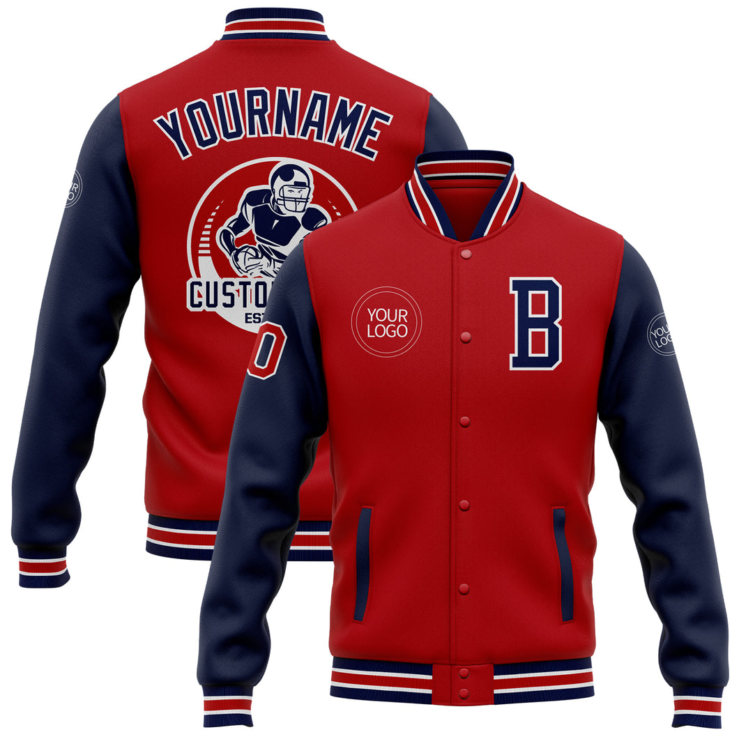 Custom Red Navy-White Bomber Full-Snap Varsity Letterman Two Tone Jacket