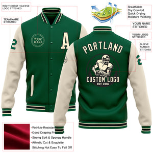 Custom Kelly Green Cream-Black Bomber Full-Snap Varsity Letterman Two Tone Jacket