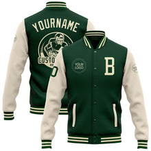 Load image into Gallery viewer, Custom Green Cream Bomber Full-Snap Varsity Letterman Two Tone Jacket
