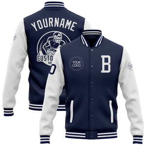 Custom Navy White Bomber Full-Snap Varsity Letterman Two Tone Jacket