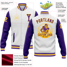 Load image into Gallery viewer, Custom White Purple-Gold Bomber Full-Snap Varsity Letterman Two Tone Jacket
