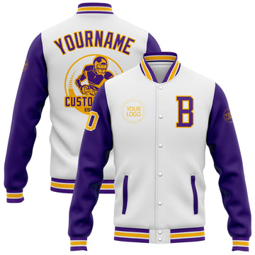 Custom White Purple-Gold Bomber Full-Snap Varsity Letterman Two Tone Jacket