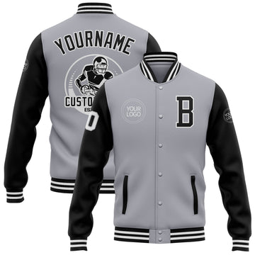 Custom Gray Black-White Bomber Full-Snap Varsity Letterman Two Tone Jacket