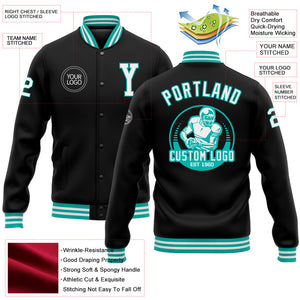 Custom Black White-Aqua Bomber Full-Snap Varsity Letterman Jacket