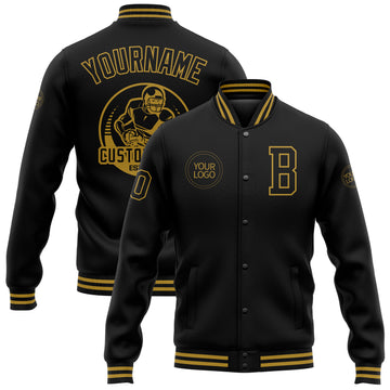 Custom Black Old Gold Bomber Full-Snap Varsity Letterman Jacket