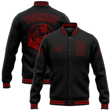 Custom Black Red Bomber Full-Snap Varsity Letterman Jacket