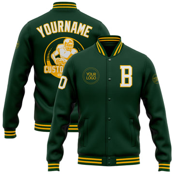 Custom Green White-Gold Bomber Full-Snap Varsity Letterman Jacket