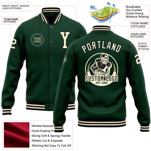 Custom Green Cream-Black Bomber Full-Snap Varsity Letterman Jacket