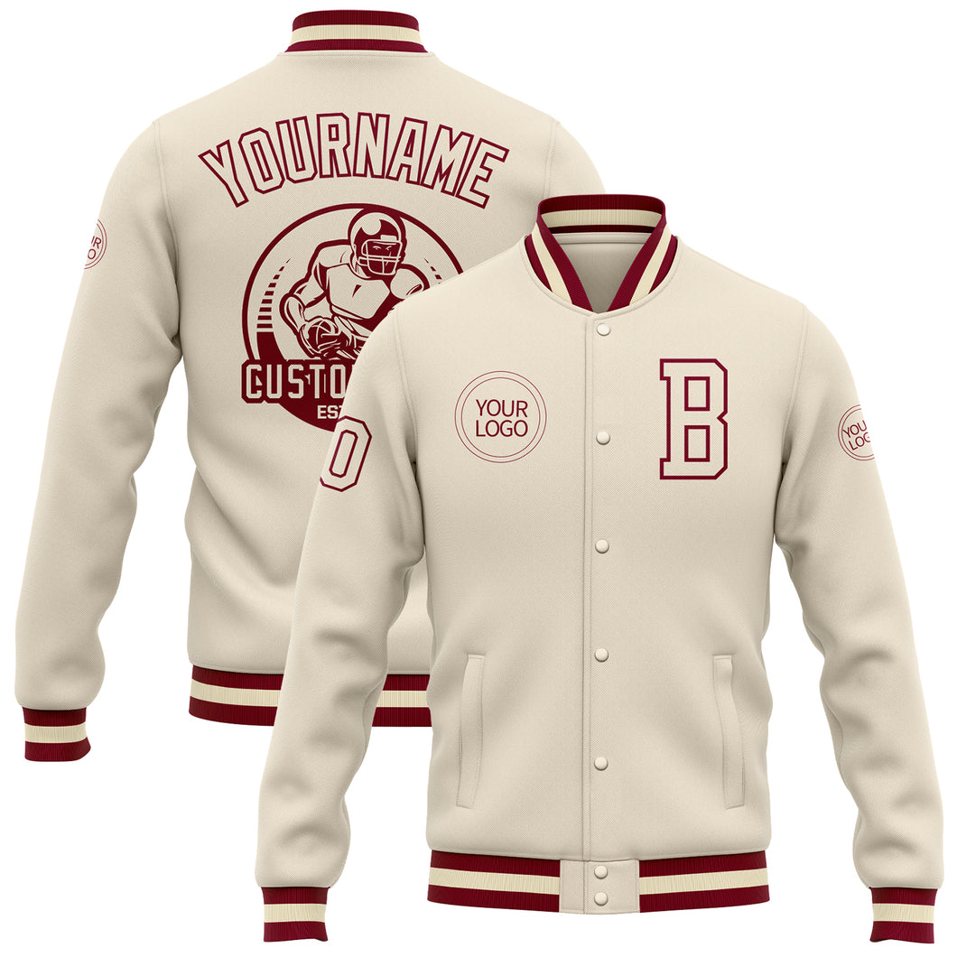 Custom Cream Maroon Bomber Full-Snap Varsity Letterman Jacket