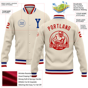 Custom Cream Royal-Red Bomber Full-Snap Varsity Letterman Jacket