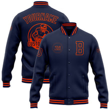 Load image into Gallery viewer, Custom Navy Orange Bomber Full-Snap Varsity Letterman Jacket
