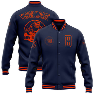 Custom Navy Orange Bomber Full-Snap Varsity Letterman Jacket