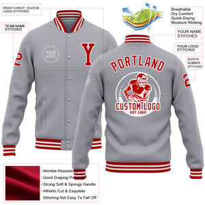 Custom Gray Red-White Bomber Full-Snap Varsity Letterman Jacket