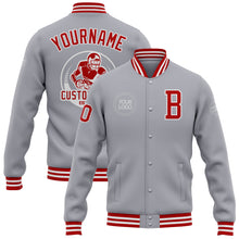 Load image into Gallery viewer, Custom Gray Red-White Bomber Full-Snap Varsity Letterman Jacket
