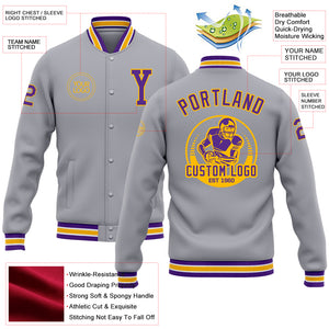 Custom Gray Purple-Gold Bomber Full-Snap Varsity Letterman Jacket