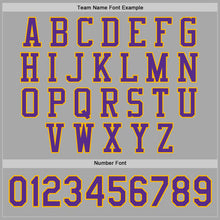 Load image into Gallery viewer, Custom Gray Purple-Gold Bomber Full-Snap Varsity Letterman Jacket
