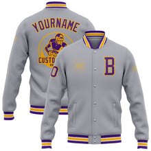 Load image into Gallery viewer, Custom Gray Purple-Gold Bomber Full-Snap Varsity Letterman Jacket
