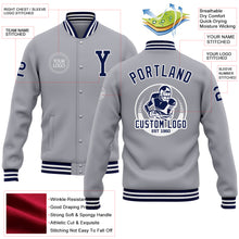 Load image into Gallery viewer, Custom Gray Navy-White Bomber Full-Snap Varsity Letterman Jacket
