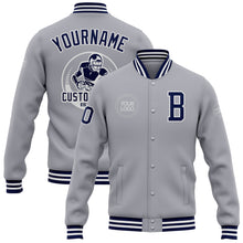 Load image into Gallery viewer, Custom Gray Navy-White Bomber Full-Snap Varsity Letterman Jacket
