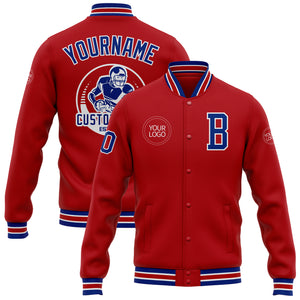 Custom Red Royal-White Bomber Full-Snap Varsity Letterman Jacket