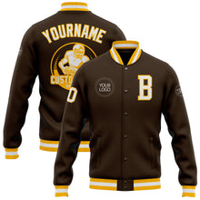 Load image into Gallery viewer, Custom Brown White-Gold Bomber Full-Snap Varsity Letterman Jacket

