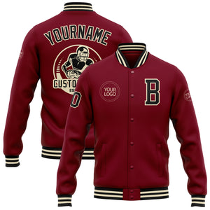 Custom Crimson Black-Cream Bomber Full-Snap Varsity Letterman Jacket