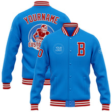 Load image into Gallery viewer, Custom Powder Blue Red-White Bomber Full-Snap Varsity Letterman Jacket
