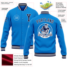 Load image into Gallery viewer, Custom Powder Blue Navy-White Bomber Full-Snap Varsity Letterman Jacket
