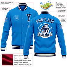 Load image into Gallery viewer, Custom Electric Blue Navy-White Bomber Full-Snap Varsity Letterman Jacket
