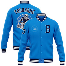 Load image into Gallery viewer, Custom Powder Blue Navy-White Bomber Full-Snap Varsity Letterman Jacket
