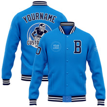 Load image into Gallery viewer, Custom Electric Blue Navy-White Bomber Full-Snap Varsity Letterman Jacket

