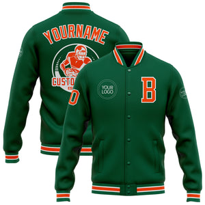 Custom Kelly Green Orange-White Bomber Full-Snap Varsity Letterman Jacket