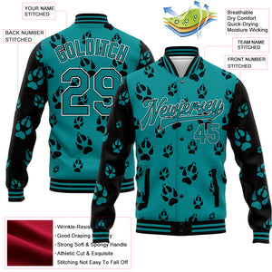 Custom Teal Black-White Wolf 3D Pattern Design Bomber Full-Snap Varsity Letterman Jacket