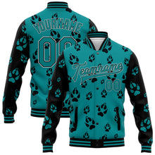 Load image into Gallery viewer, Custom Teal Black-White Wolf 3D Pattern Design Bomber Full-Snap Varsity Letterman Jacket
