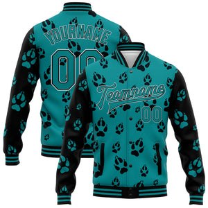 Custom Teal Black-White Wolf 3D Pattern Design Bomber Full-Snap Varsity Letterman Jacket