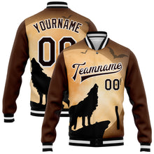 Load image into Gallery viewer, Custom Brown Black-White Wolf Fullmoon Party 3D Pattern Design Bomber Full-Snap Varsity Letterman Jacket
