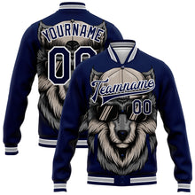 Load image into Gallery viewer, Custom Navy White-Gray Wolf 3D Pattern Design Bomber Full-Snap Varsity Letterman Jacket
