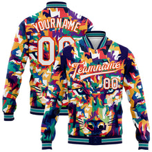 Load image into Gallery viewer, Custom Navy White-Orange Colorful Wolf 3D Pattern Design Bomber Full-Snap Varsity Letterman Jacket
