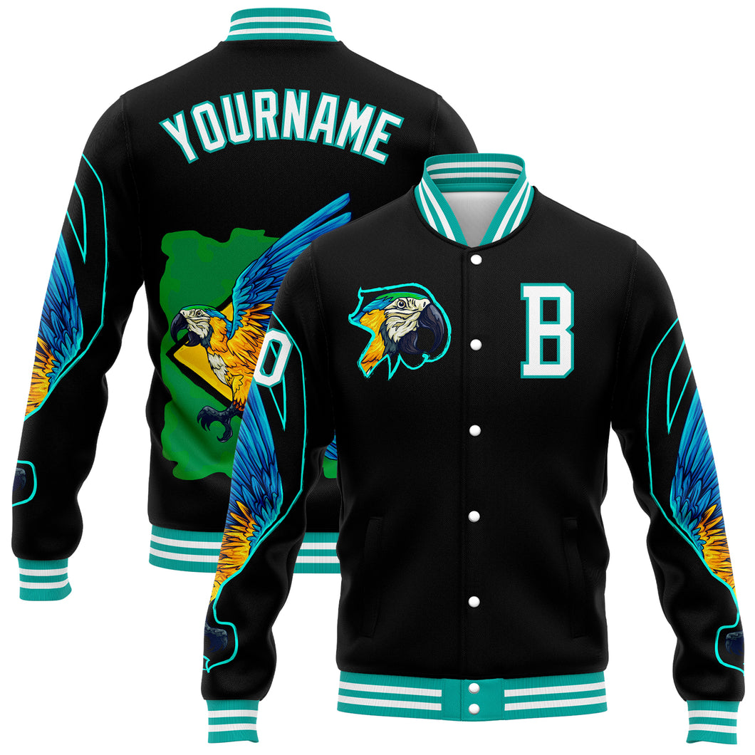 Custom Black White-Aqua Parrot 3D Pattern Design Bomber Full-Snap Varsity Letterman Jacket