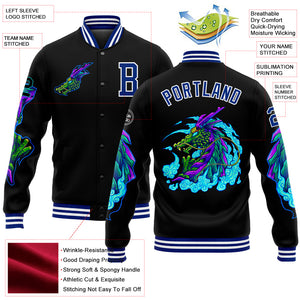 Custom Black Royal-White Dragon 3D Pattern Design Bomber Full-Snap Varsity Letterman Jacket