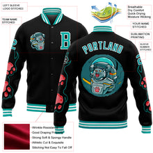 Load image into Gallery viewer, Custom Black Aqua-White Seated Cat 3D Pattern Design Bomber Full-Snap Varsity Letterman Jacket
