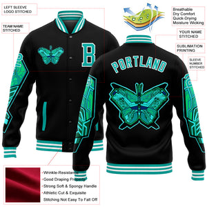 Custom Black Aqua-White Butterfly 3D Pattern Design Bomber Full-Snap Varsity Letterman Jacket