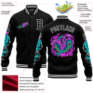 Custom Black White Dragon 3D Pattern Design Bomber Full-Snap Varsity Letterman Jacket